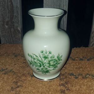 Hollohaza Hungary Vase Creamy Color Vase with Green Roses -7 inch